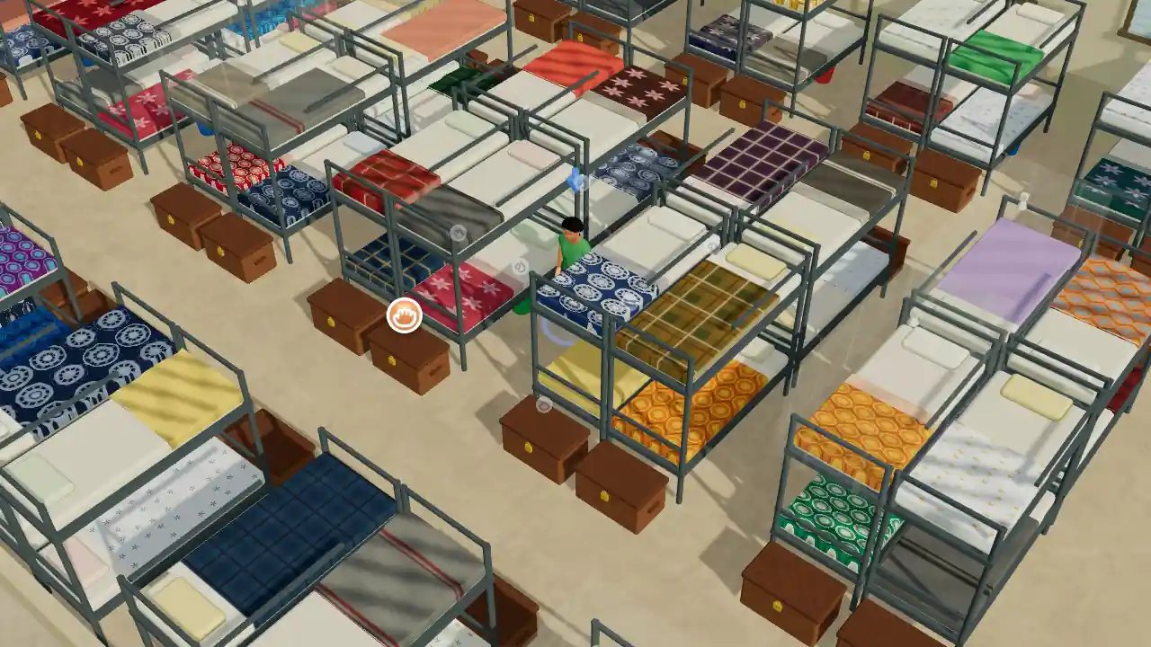 Boarding School in play: a dormitory of bunk beds, patterned bedsheets and lockers.