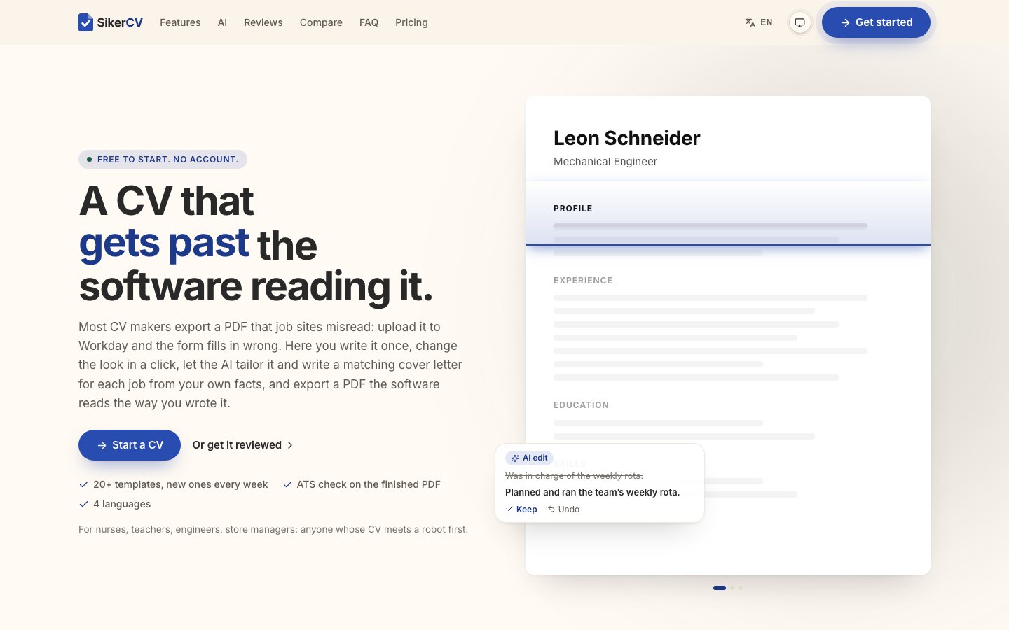 The SikerCV home page, with an AI edit shown on a CV.
