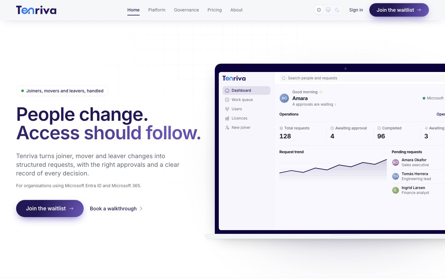 The Tenriva home page, with a coded mini version of the product.